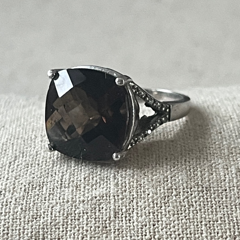 Smokey Quartz Checkerboard Silver Ring 7